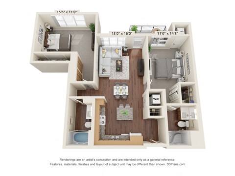 Floor plan for 2 beds, 2 baths, 1068 sqft